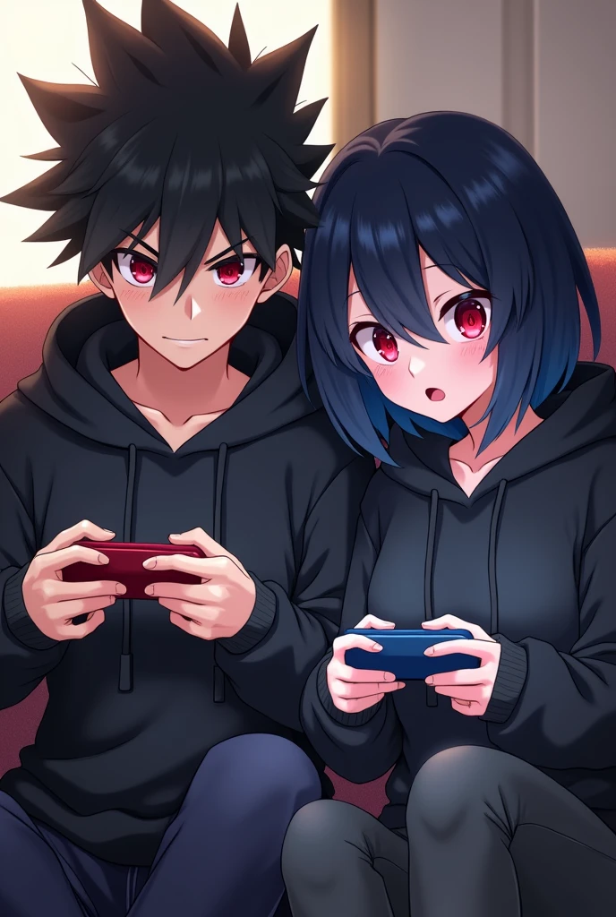 A boy ((( Anime boy , Spiky hair , black hair , black hoodie , blood red eyes , narrowed eye , ))) , A girl ((( Anime girl , dark blue hair , modern day mullet hair style , black hoodie , red eyes , almond eye ))) , playing mobile games