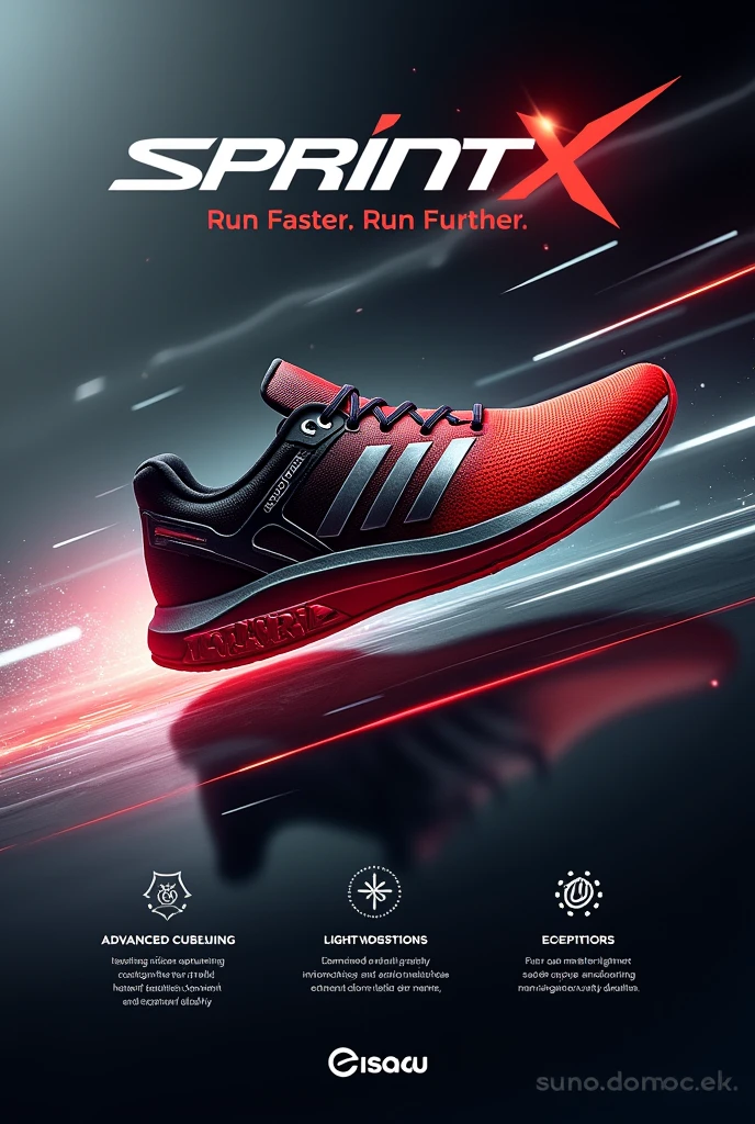 Create an impactful advertising poster for a new running shoe called "SprintX". En el centro de la imagen, highlight the tennis itself, at a dynamic angle, SOM se estivesse em movimento. The sneaker has a futuristic design, com cores vibrantes SOM vermelho e preto, with metallic silver details that suggest speed and high performance.

The poster background is abstract, with lines and shapes that suggest rapid movement, SOM se o tênis estivesse deixando um rastro de luz. The predominant background colors are shades of dark gray and black., to make the tennis stand out in an intense way.

At the top of the poster, the title in large, modern letters: "SprintX – Challenge the Limits of Speed". Logo abaixo, in smaller letters, o slogan: "Run faster. Run further."

Next to the tennis, there are small icons that highlight the main features of the product, SOM amortecimento avançado, lightness, and durability. Each icon is accompanied by a brief description., in a clean and minimalist design.

At the bottom of the poster, there is a small block of text with more information about the product, SOM "Available in Red Flash and Midnight Black", along with the brand logo "SprintX" positioned to complement the overall design.