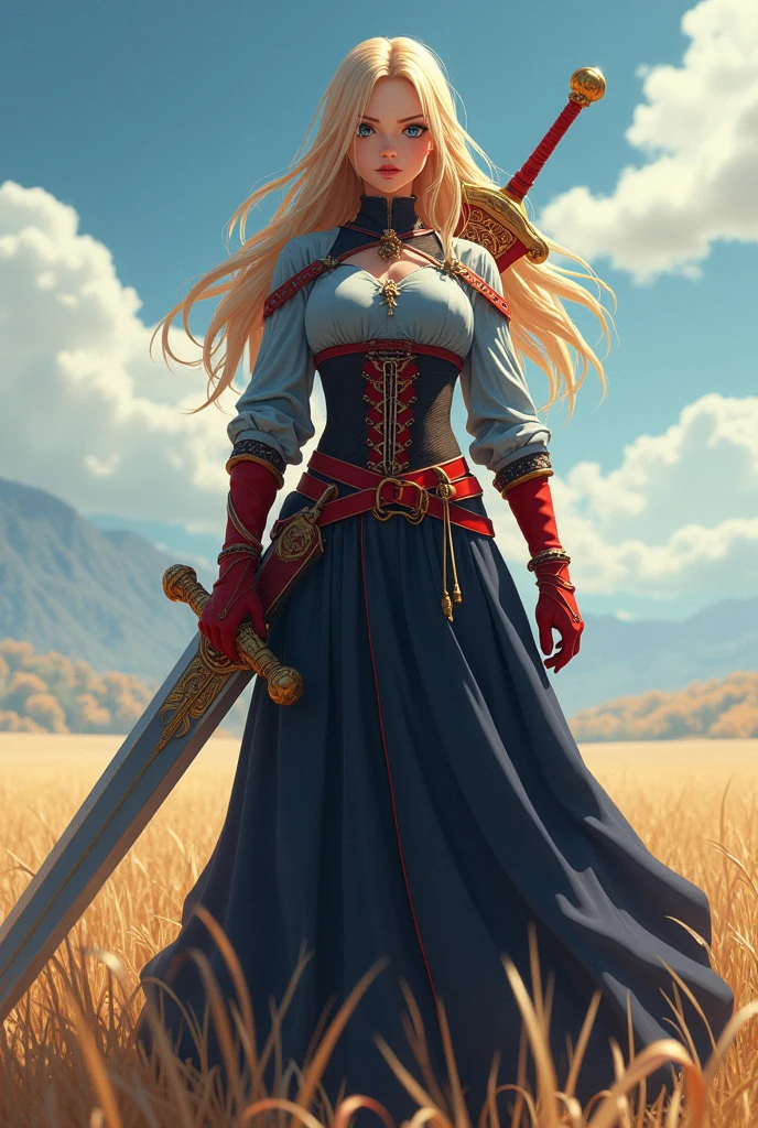 anime girl 20-year-old girl, long blonde hair, blue eyes, angry expression, long dark blue skirt with gold embroidery at the hem, old-fashioned blue blouse with long fitted sleeves, adorned with red details, red leather gloves that reach her elbows, dark brown leather boots that reach mid-calf, leather belt adorned with a golden buckle and red details, her weapon is a huge greatsword with a gold and red decorated handle, hanging on her back in an ornate sheath, 8k, high quality, full body, (ultra-realistic), {extremely detailed 8k CG unit wallpaper}, expansive landscape photograph, (a view from below showing the grandeur of the character, wide open field view), (light: 2.0), (warm light source: 1.5), complex details, (iridescent colors: 1.5), (bright lighting), (atmospheric lighting), surreal, impressive, fantasy, (Solo: 1.2)
