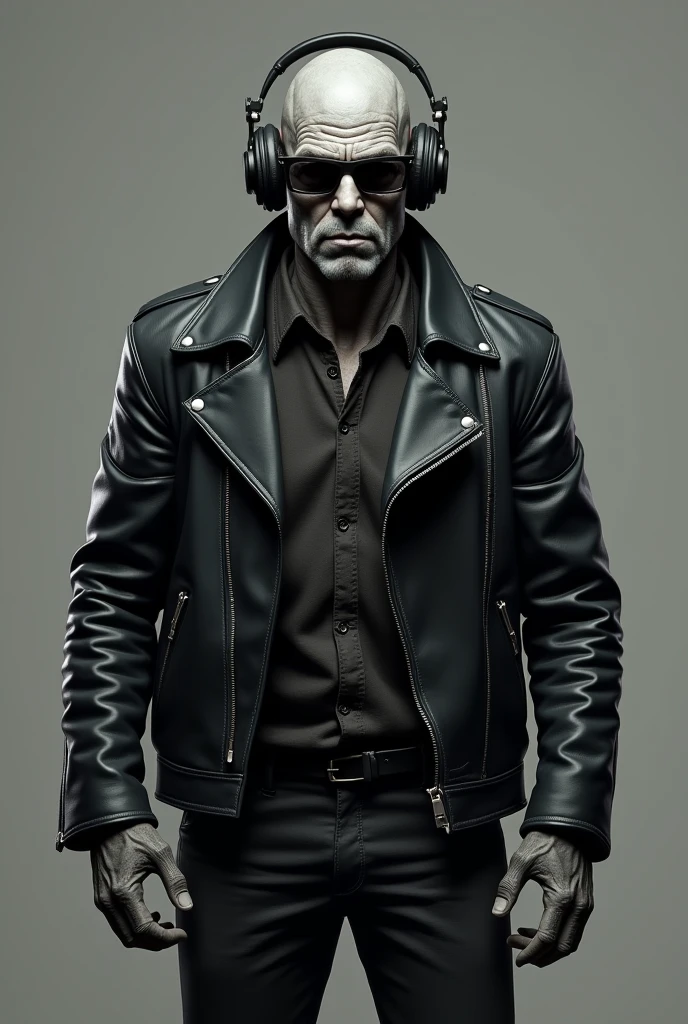 Realistic tough looking male grey alien with sunglasses and announcer headphones and leather jacket facing front