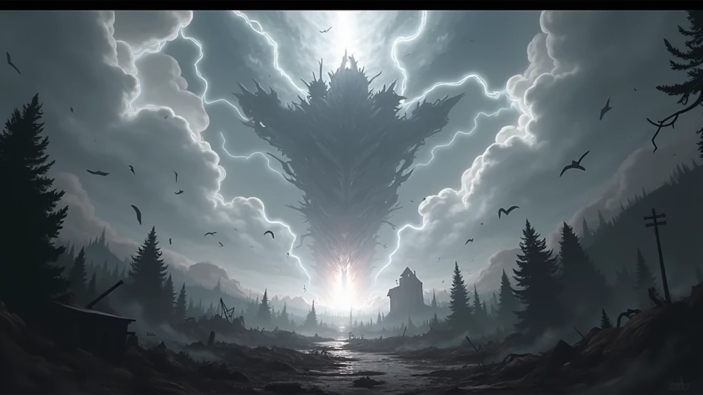 Create an atmosphere of chaos, dark colors, bright rays, strong storm in the air, many things destroyed