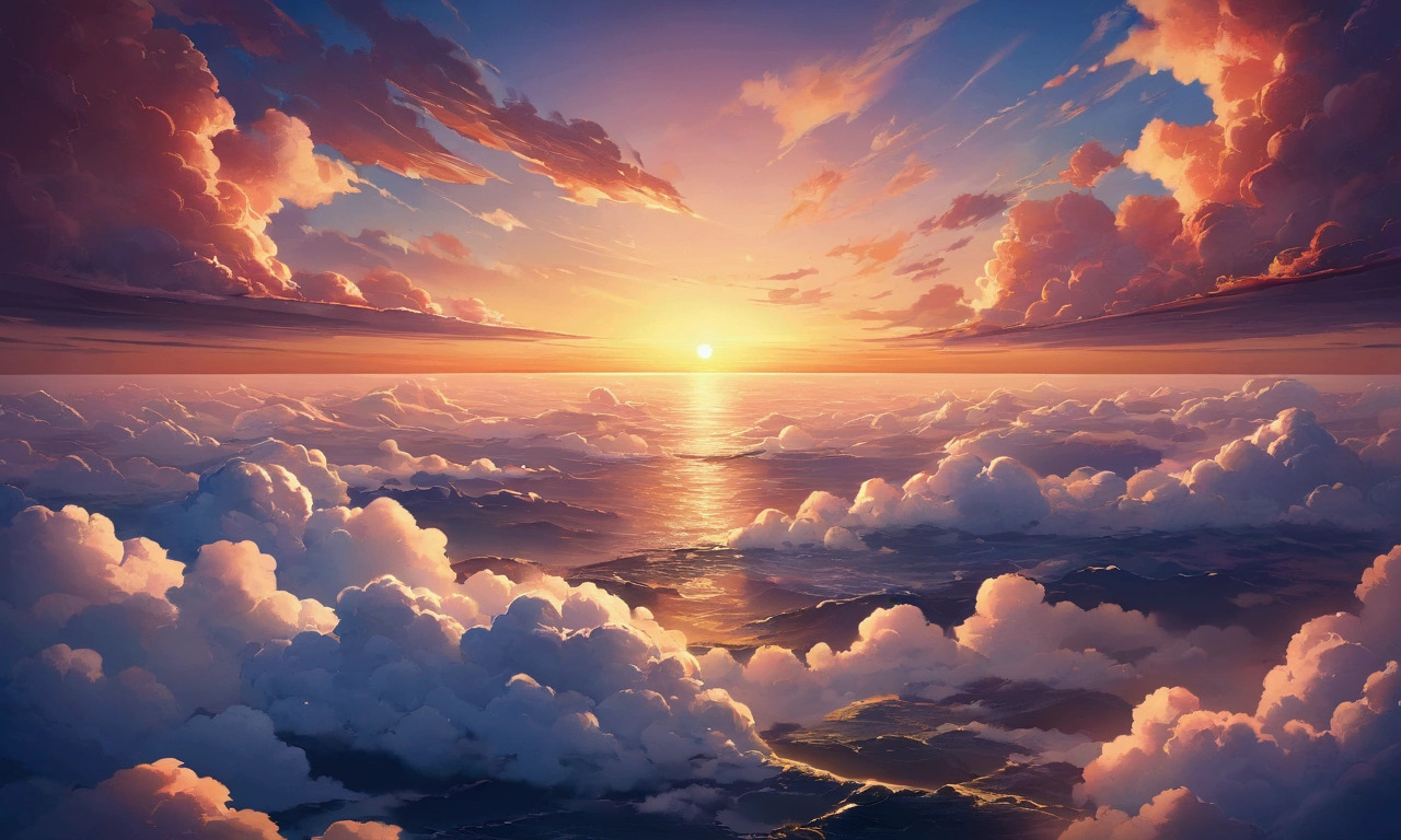 ​masterpiece, top-quality, depth of fields, high details, 8K, scenery, a scene of sunset, on horizon, sea of clouds, colorful sky,