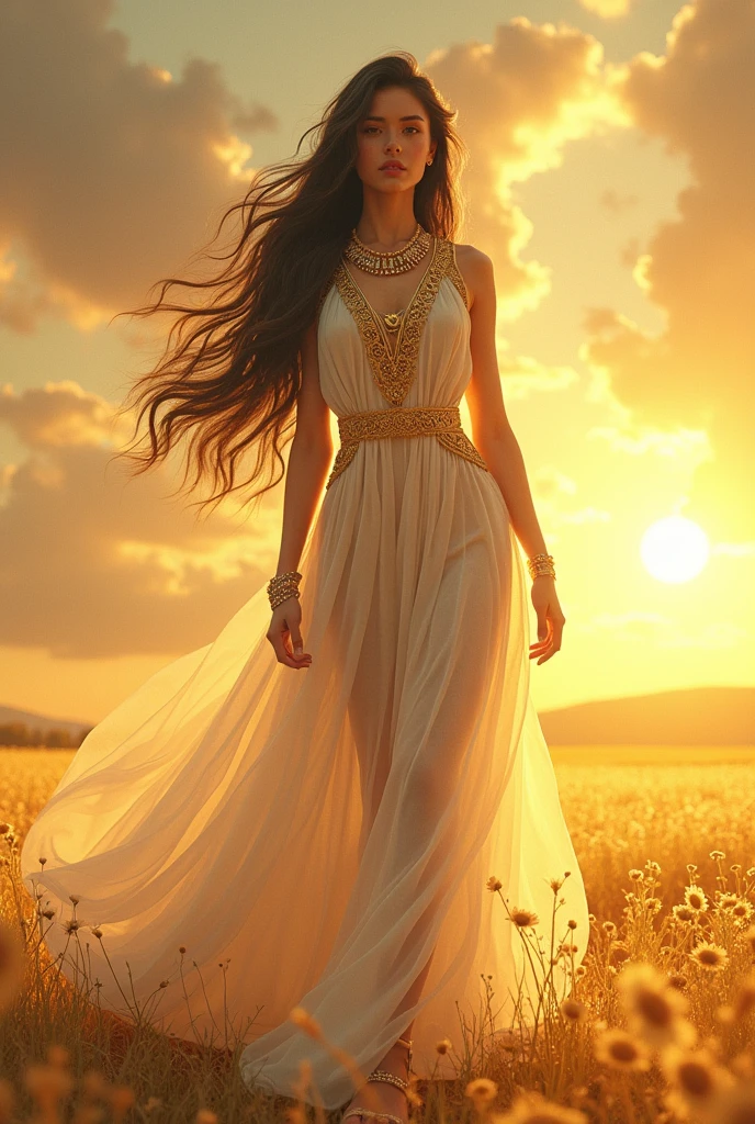 anime girl 20 years old, with long black hair down to her waist, golden eyes. She wears jewelry and dresses in an antique style, donning a long white dress with golden details. She wears elegant gladiator sandals. She possesses golden powers and has a golden-themed background. Whole body, (ultra realistic), {Extremely detailed CG unit 8k wallpaper}, expansive landscape photography, (A view from below that shows the greatness of the character, wide open field view), (low angle shot), (light: 2.0), (warm light source: 1.5), Complex details, (Iridescent colors: 1.5), (bright lighting), (atmospheric lighting), surreal, Awesome, fancy, (Alone: 1.2)