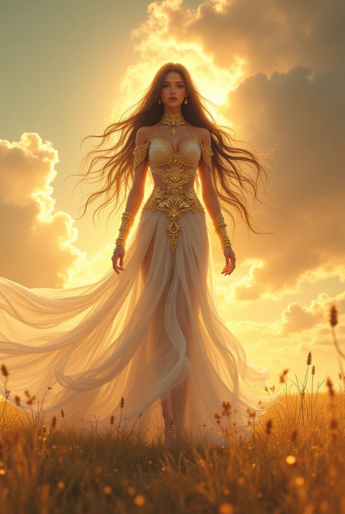 anime girl 20 years old, with long black hair down to her waist, golden eyes. She wears jewelry and dresses in an antique style, donning a long white dress with golden details. She wears elegant gladiator sandals. She possesses golden powers and has a golden-themed background. Whole body, (ultra realistic), {Extremely detailed CG unit 8k wallpaper}, expansive landscape photography, (A view from below that shows the greatness of the character, wide open field view), (low angle shot), (light: 2.0), (warm light source: 1.5), Complex details, (Iridescent colors: 1.5), (bright lighting), (atmospheric lighting), surreal, Awesome, fancy, (Alone: 1.2)