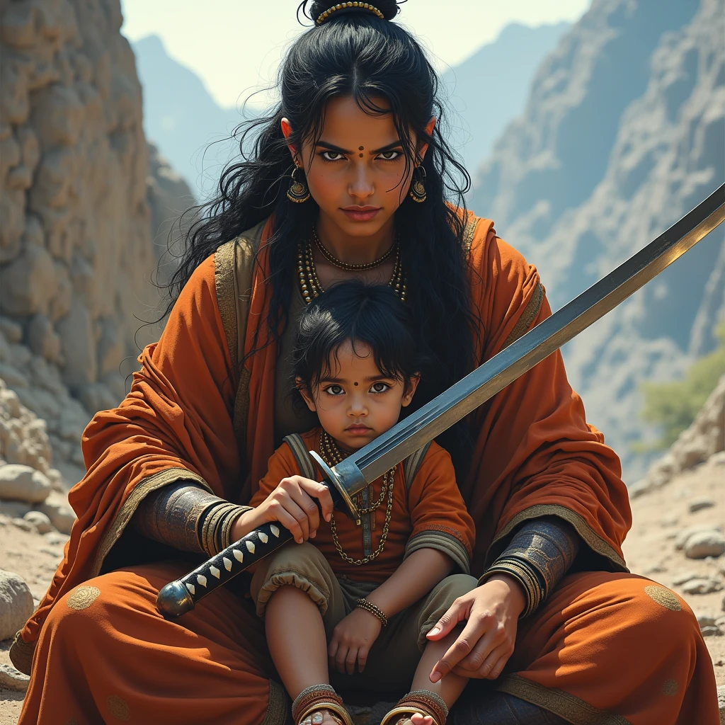 A female rajput warrior his son her hand's  , she has her son in her lap and one hand a katana 