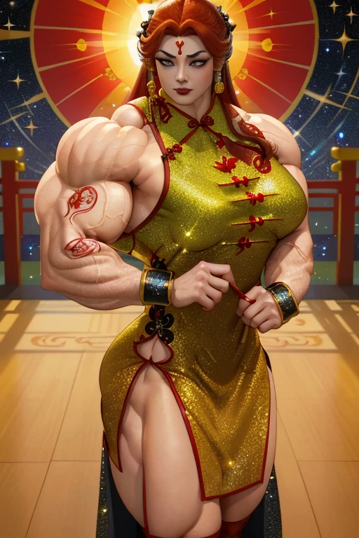 (Close view), tall, (red hair), beautiful muscular asian woman, long hair, pale white skinned, closed smile, (black lipstick), ((massive muscles)), (hyper muscle), ((ginormous bulky muscles)), yellow eyes, ((((long red sparkly cheongsam dress embroidered with sun designs)))), gauntlets, choker, thigh high lace socks, (in japan)