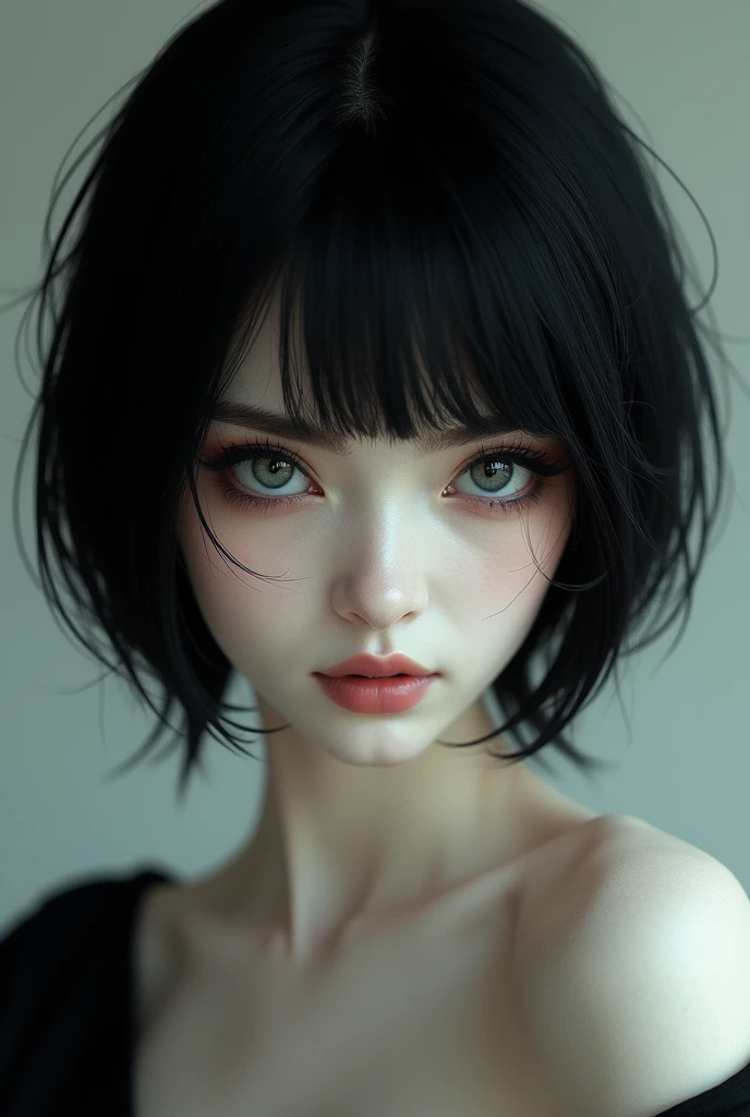 White woman,Short hair as black as the night and black, slanted eyes like a cat