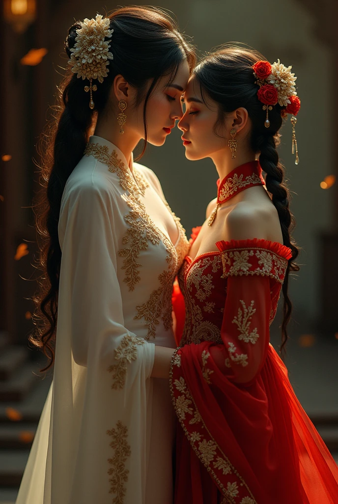You help me create pictures, Pure Vietnamese lesbianism, a council lady and a maid... Standing next to each other wearing Vietnamese traditional costumes 18+