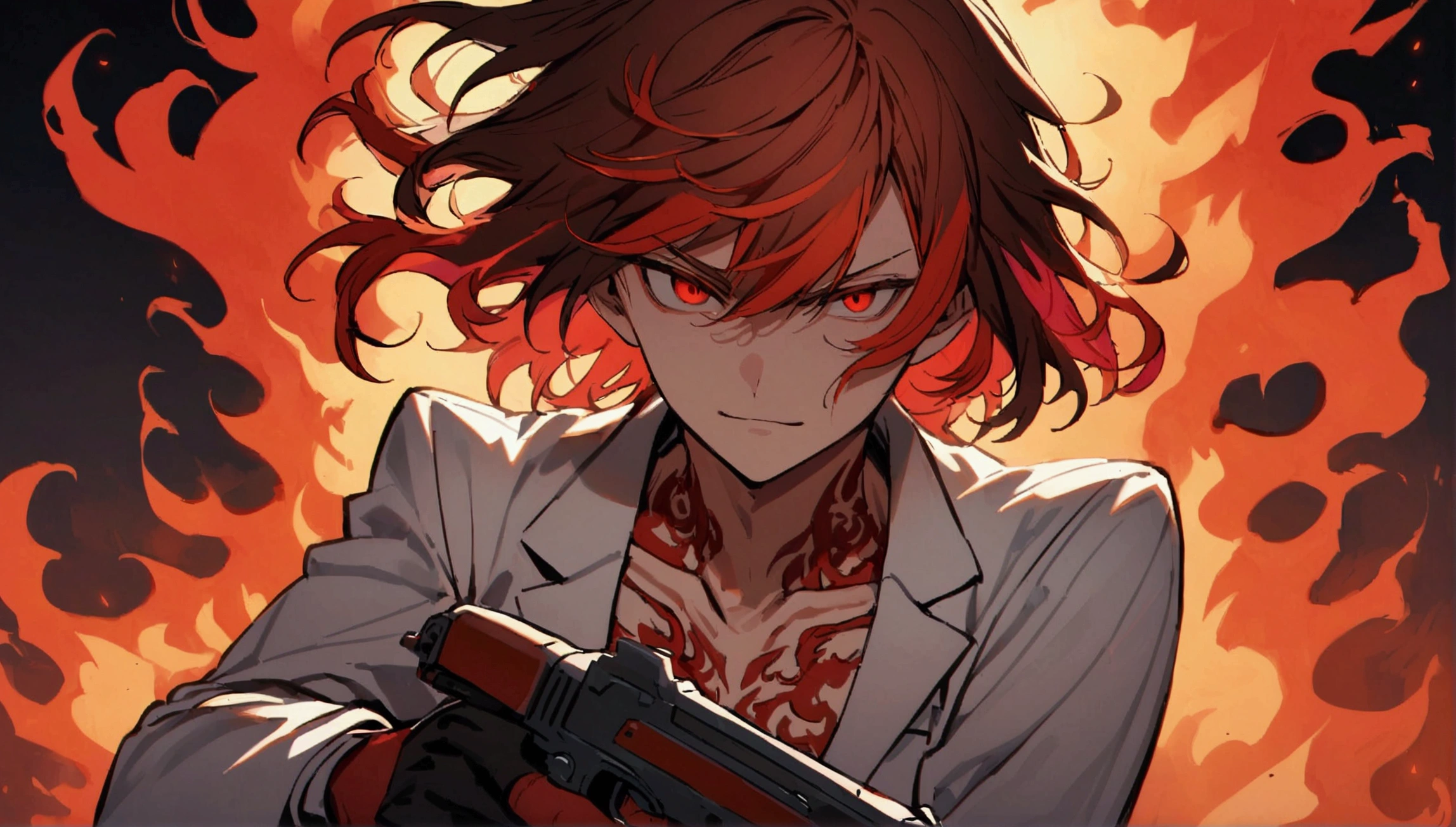 teenage boy, tidy hair, medium length hair, multicolored black and red hair, long bangs covering the left eye, Eyes red, serious face, simple smile, white  shirt, school blue jacket, red tattoos on the body, fiery aura, holding two red pistols
