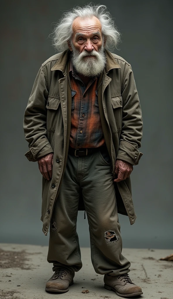 Mr. John is an elderly man in his late 70s, with a frail, thin frame. His face is weathered from years of hardship, with deep lines etched into his skin. He wears tattered clothes—an old jacket with holes, thin pants, and worn-out shoes. His beard is scruffy, and his hair is unkempt, showing the signs of living a difficult life on the streets.