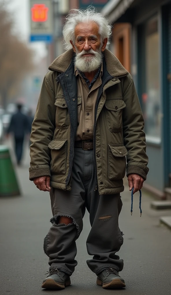 Mr. John is an elderly man in his late 70s, with a frail, thin frame. His face is weathered from years of hardship, with deep lines etched into his skin. He wears tattered clothes—an old jacket with holes, thin pants, and worn-out shoes. His beard is scruffy, and his hair is unkempt, showing the signs of living a difficult life on the streets.