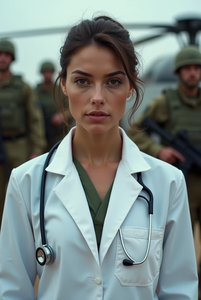 Une femme brune aux yeux marrons. La lèvre inférieure de sa bouche est fine. She has her hair tied up in a bun. Elle est capitaine médecin au sein de l'armée française. She has a stethoscope around her ears. She is naked under her large open white coat. En arrière-plan se trouve un hélicoptère médicalisé et des soldats pour assurer sa protection.