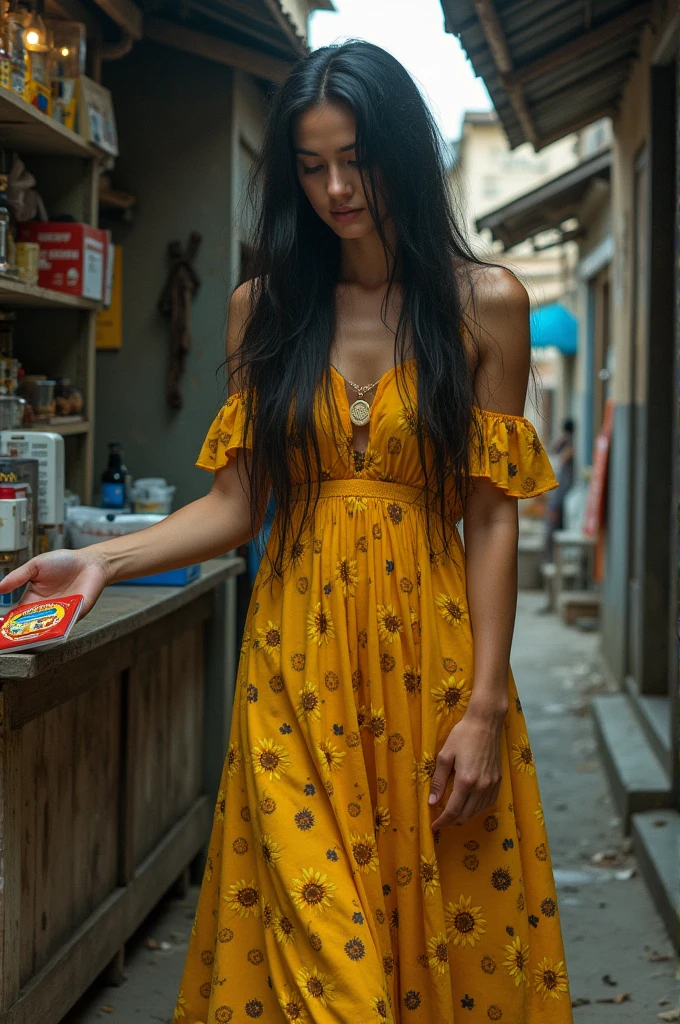 Man dressed in a sunflower dress, at Claro company buying a phone chip. The place is very poor, the man has long black hair, the man has no hair on his face