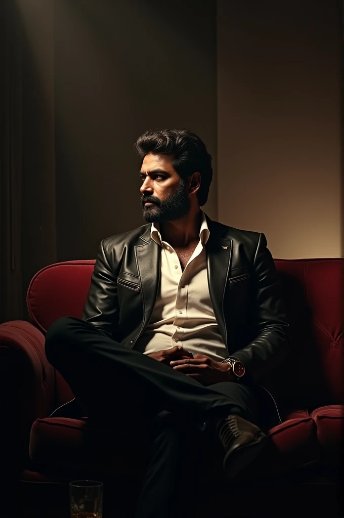 A dimly lit room. The only sound is the soft jazz playing in the background. Pawan Kalyan sits on a plush velvet sofa, his posture relaxed but commanding. His gaze is fixed on a point in the distance, his eyes filled with a mix of intensity and contemplation. A single spotlight illuminates his face, casting deep shadows beneath his chin and accentuating his rugged features. He wears a tailored black leather jacket over a crisp white shirt, and his hair is styled in a classic undercut. A glass of scotch sits on a nearby table, untouched.