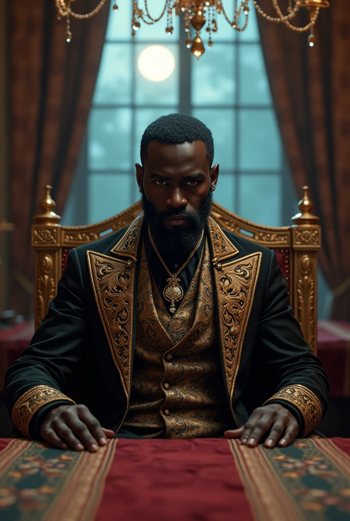 victorian era, black man sitting at lavishly adorned dining table, no food , royal outfit, jewelry, moonlight in window, intricate detail, ultra wide view