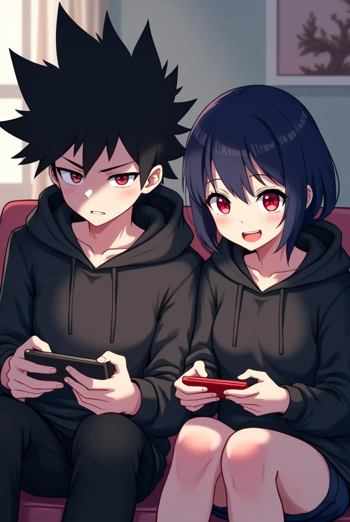 A boy ((( Anime boy , Spiky hair , black hair , black hoodie , blood red eyes , narrowed eye , ))) , A girl ((( Anime girl , dark blue hair , modern day mullet hair style , black hoodie , red eyes , almond eye ))) , playing mobile games