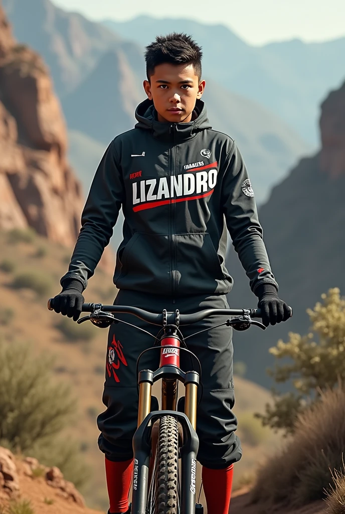 Create a person and have him wear the name Lizandro on his clothes and have a dual-suspension downhill bike in front of him.