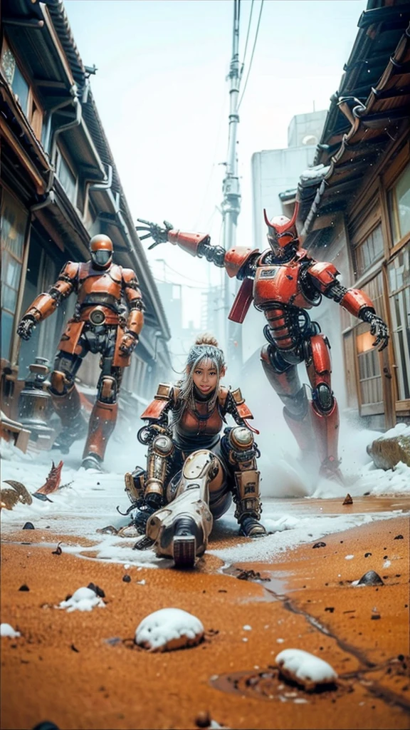 (top-quality:1.2, masterpiece), ultra high resolution, (Photorealsitic:1.4),, (bird-type mechanical heavy armor), (mechanical armor:1.3), light red base with silver and bronze accent, 3 Japanese female soldier, extremely realistic face, (blue hair), ((ultimately intricate all details)), (whole body picture), realistic shadow, octan render, 8K, ultrasharp, character edge light, Details of complex ornaments, Hydraulic cylinder, power cable, dystopia with a beautiful view at night,smiling