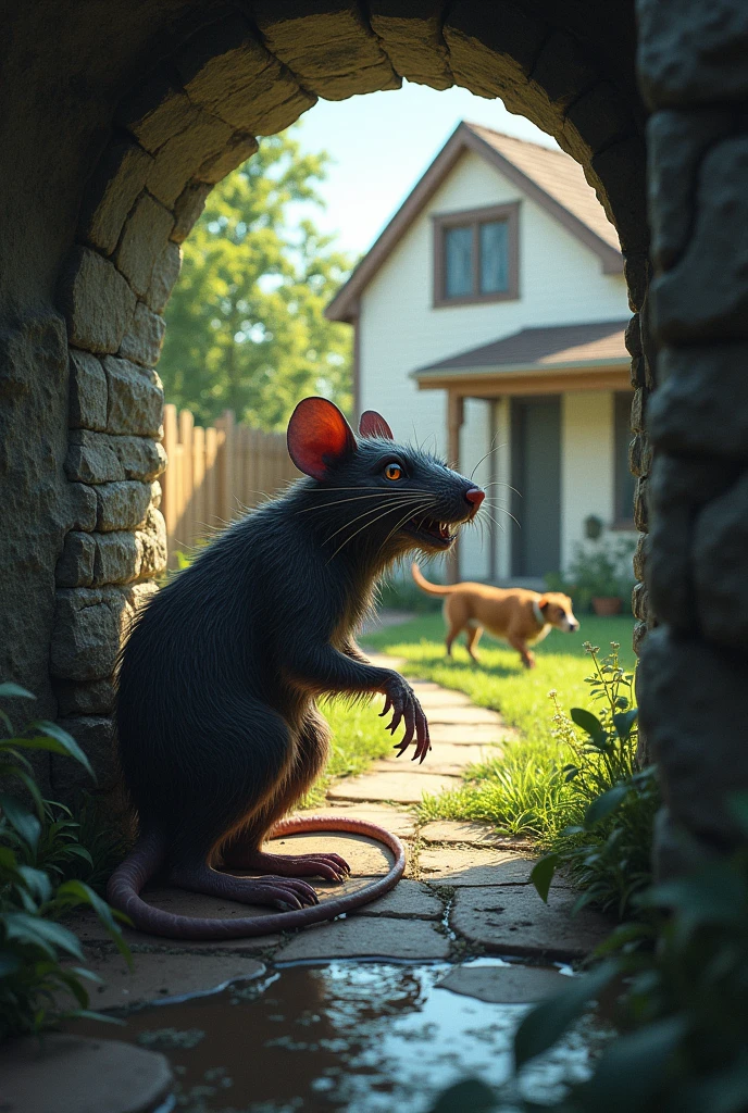 dirty rat, at the mouth of a sewer looking at the backyard of a house where there is a dog