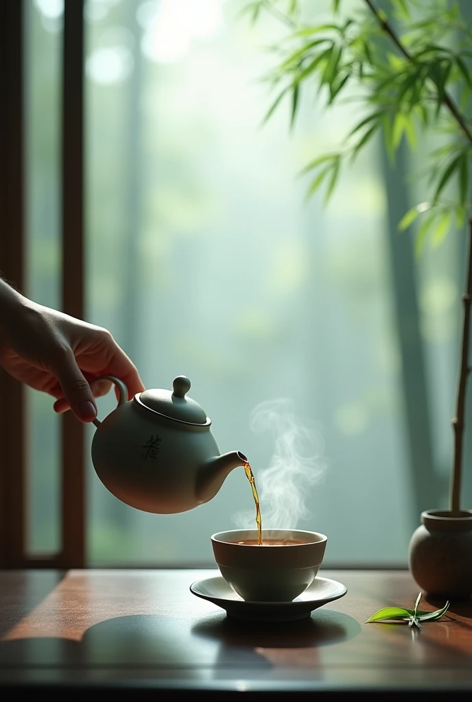 The window is foggy,,Bamboo Indoor,A perfectly defined hand holding a teapot,Pouring tea into an empty cup,Very detailed,HD,Clear details