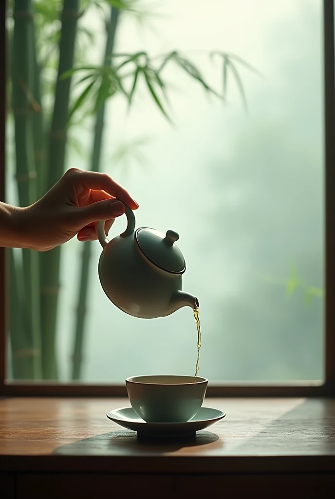 The window is foggy,,Bamboo Indoor,A perfectly defined hand holding a teapot,Pouring tea into an empty cup,Very detailed,HD,Clear details