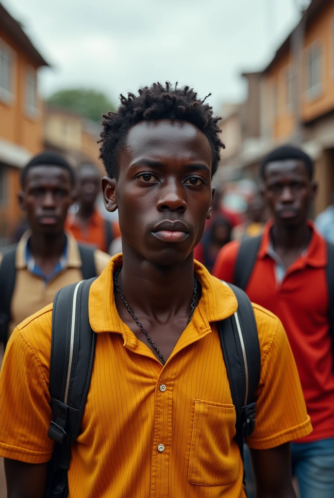 A young Burkinabe with a tight face on his way to school with his friends