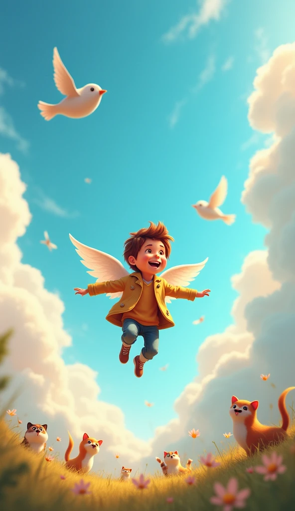 Harry in a dream、Running around happily on fluffy clouds。Every time I step on the clouds with light steps、The clouds bounce gently、Harry's smile brightens even more.。sudden、Small wings grow on your back、Harry was surprised but happy and flapped his wings and flew up into the sky.。Every time it flaps, the wind blows pleasantly、Harry flies freely in the blue sky。
Birds fly happily in the sky、Harry joined the group.、Let's run through the blue sky together。If you look down、On the ground, there are animal friends、Harry waves enthusiastically.。The animals on land smiled and waved back.、Watching over Harry。The sunlight enveloped Harry in warmth.、As the wind gently rustles its wings、Harry continues to fly through the sky feeling infinite freedom and happiness.。Adventure in a dream、Feels just like reality、Harry's smile never fades。