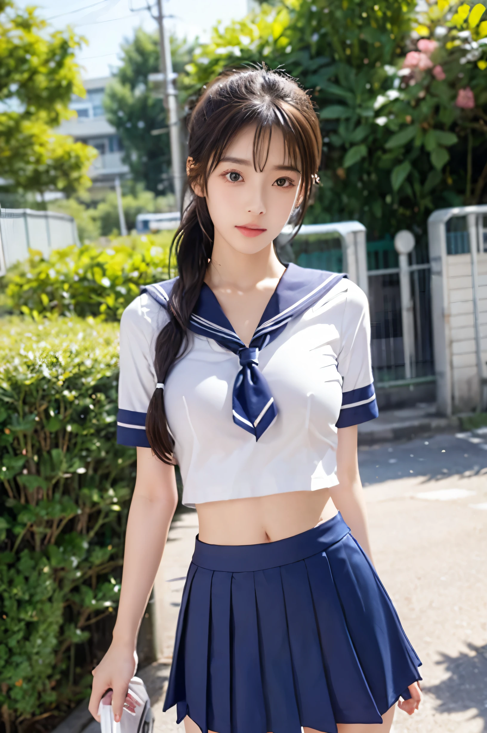 (Ultra HD), (Looking at me), (The whole body is shown), (Short-sleeved sailor uniform, Navy blue mini skirt), Big Breasts, slender, Narrow waist, (I can see my belly button:0.8), (Thin legs:1.2), (Thin thighs:1.2), (Thin Hips:1.4), (Beautiful Skin, Shiny skin, White skin), (Super slim face, Super beautiful face, No makeup, smile:0.6), (ponytail, Layered Cut, Fluffy hair), (double eyelid, Slanted Eyes), Small Nose, Thin lips, Are standing, In front of the school gate