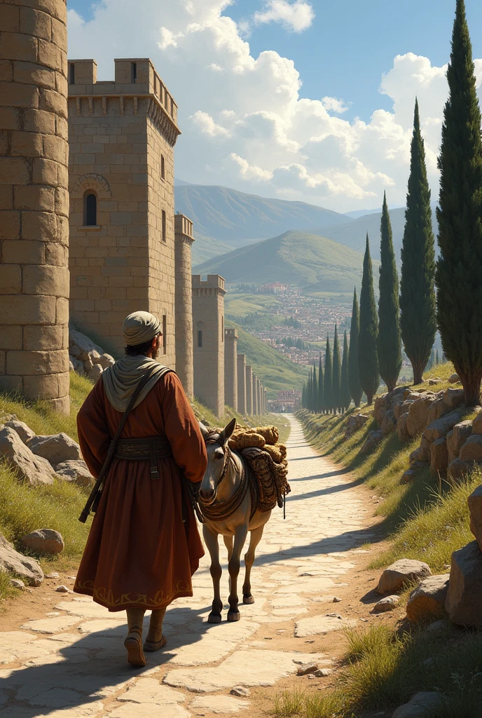 Roman road with a merchant passing through it and a donkey carrying a load

