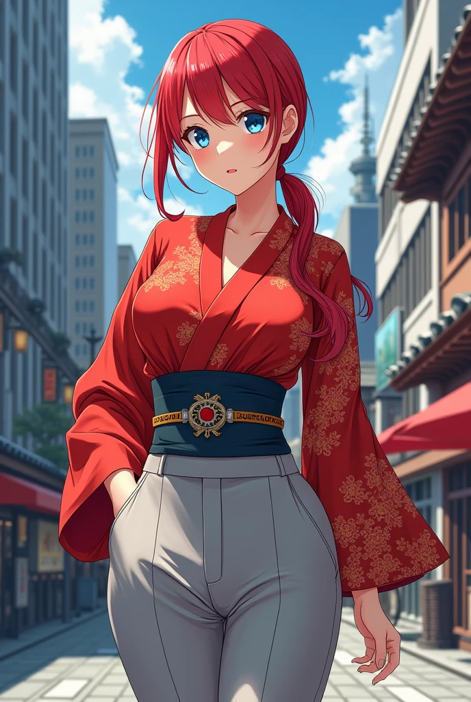 Anime Japanese woman, working woman, uniform, red hair, long hair, low ponytail, blue eyes, kimono-like scarlet shirt with large sleeves, oversized light grey slacks, beautiful F-cup breasts, nice buttocks, modern Kyoto city