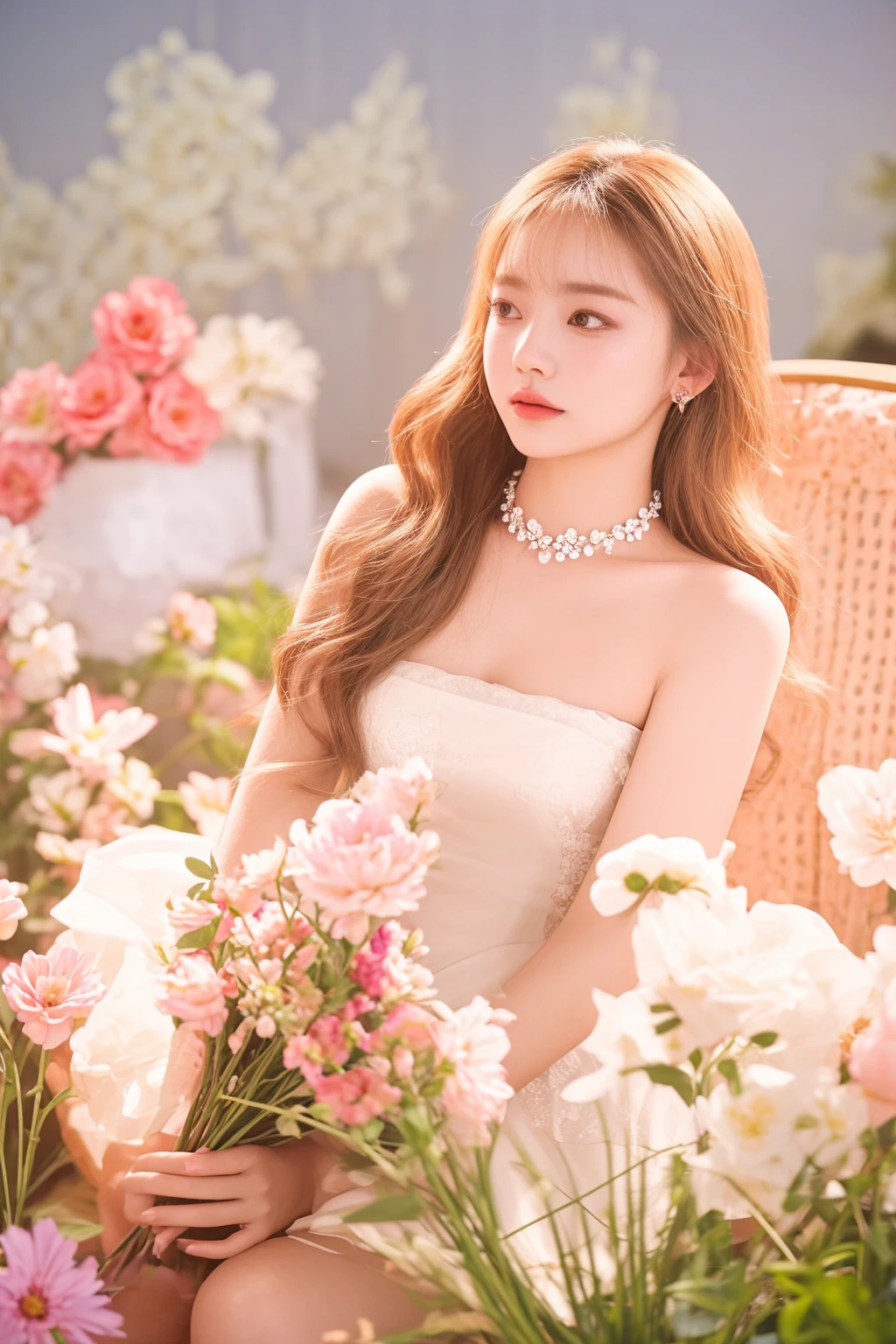 there is a woman sitting in a chair with flowers in her lap, lalisa manobal, with flowers, sitting with flowers, official artwork, dreamy and ethereal, spring day, jia, photoshoot, fanart, ethereal beauty, lalisa manoban of blackpink, blooming, inspired by Huang Ji, with bloom ethereal effects, ethereal and dreamy, by Ayami Kojima