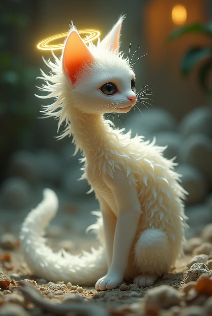 Draw a sea angel that is combined with cats fur and kinda looks like a snake and lives in a house, looks angelic, has pure black eyes and soft face, looks smoth, is completely white but has a soft yellow "halo" on the fur of its head
