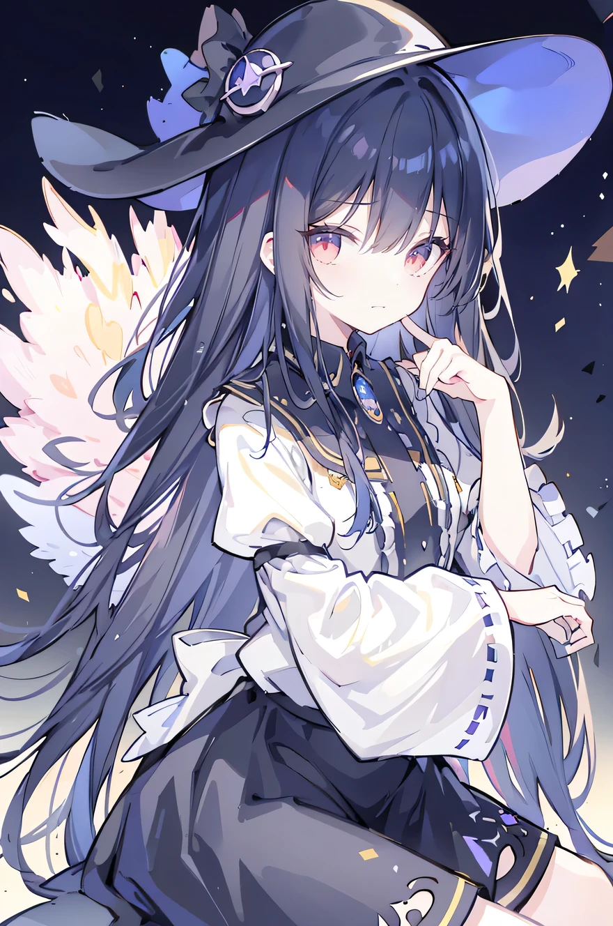 oung Girls,Humanity,A magician always smiles,big witch hat,cute,dark blue long hair,The eyes are dull,The bangs are heavy,Thin eyebrows,fantasy,intake,Double teeth,Star Theme,Constellation pattern,Solid color clothetal decoration,cloak,A bit of a dark atmosphere,A little crazy smile,When the big moon shines outside at night,blood,Hair black star embellishment,Short tie,No nails,High waist skirt,Bell sleeves,Long-sleeved shirt,Black tie,low risk,gentlemen。Mist、Yellow and white effect，Shocking pink as an accent color,Lie on the ground.