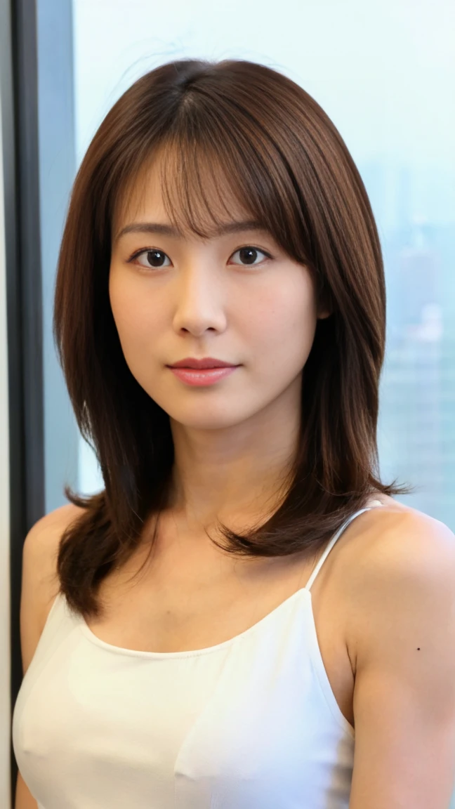 (top-quality, 16K, masterpiece:1.3), (ultra detailed), (masterpiece), (best quality), Highest quality, Realistic, surreal, Highest quality, Extremely detailed CG, Very delicate, 16K wallpaper, High resolution, A female manager working for a top company, 3, Very small mole on face, UNTITLED business suits, A very simple necklace, Japanese office with large windows, Japanese, slender body, very detailed, detailed fingers, detailed hands, detailed eyes, detailed legs, accurate and perfect human anatomy, real human skin, BREAK ((upper body:1.5)), ((look into the viewer's eyes:1.5)), ((looking at viewer:1.5)), ((Front view:1.5)), ((from front:1.5)),