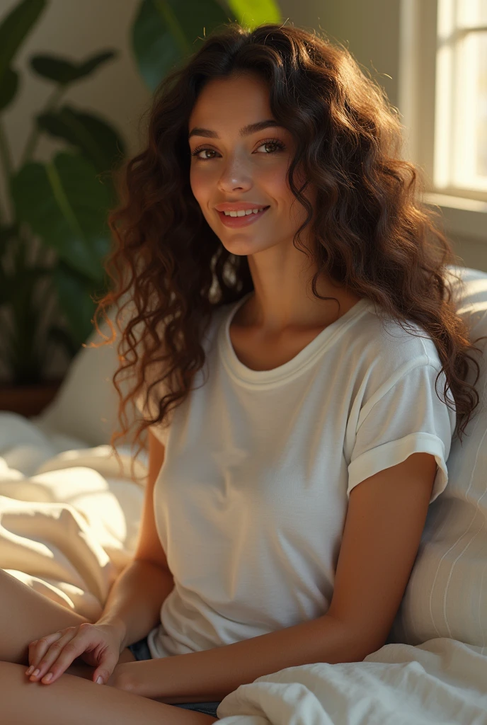 (photorealism:1.2), beautiful woman, sitting on bed, wearing white t-shirt , long curly hair, indoors, soft lighting, plants in background, window with sunlight, cozy room, relaxed pose, realistic, intricate details, warm colors, by Greg Rutkowski, by Alphonse Mucha