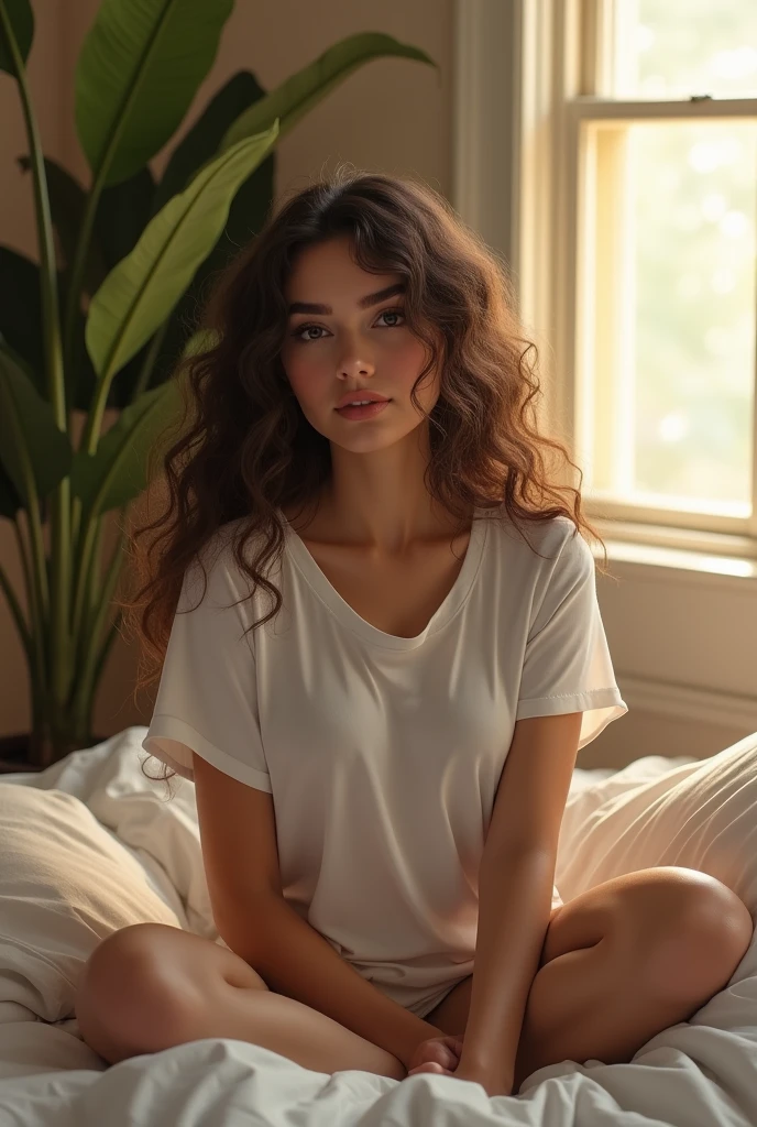 (photorealism:1.2), beautiful woman, sitting on bed, wearing white t-shirt ,  long curly hair, indoors, soft lighting, plants in background, window with sunlight, cozy room, relaxed pose, realistic, intricate details, warm colors, by Greg Rutkowski, by Alphonse Mucha