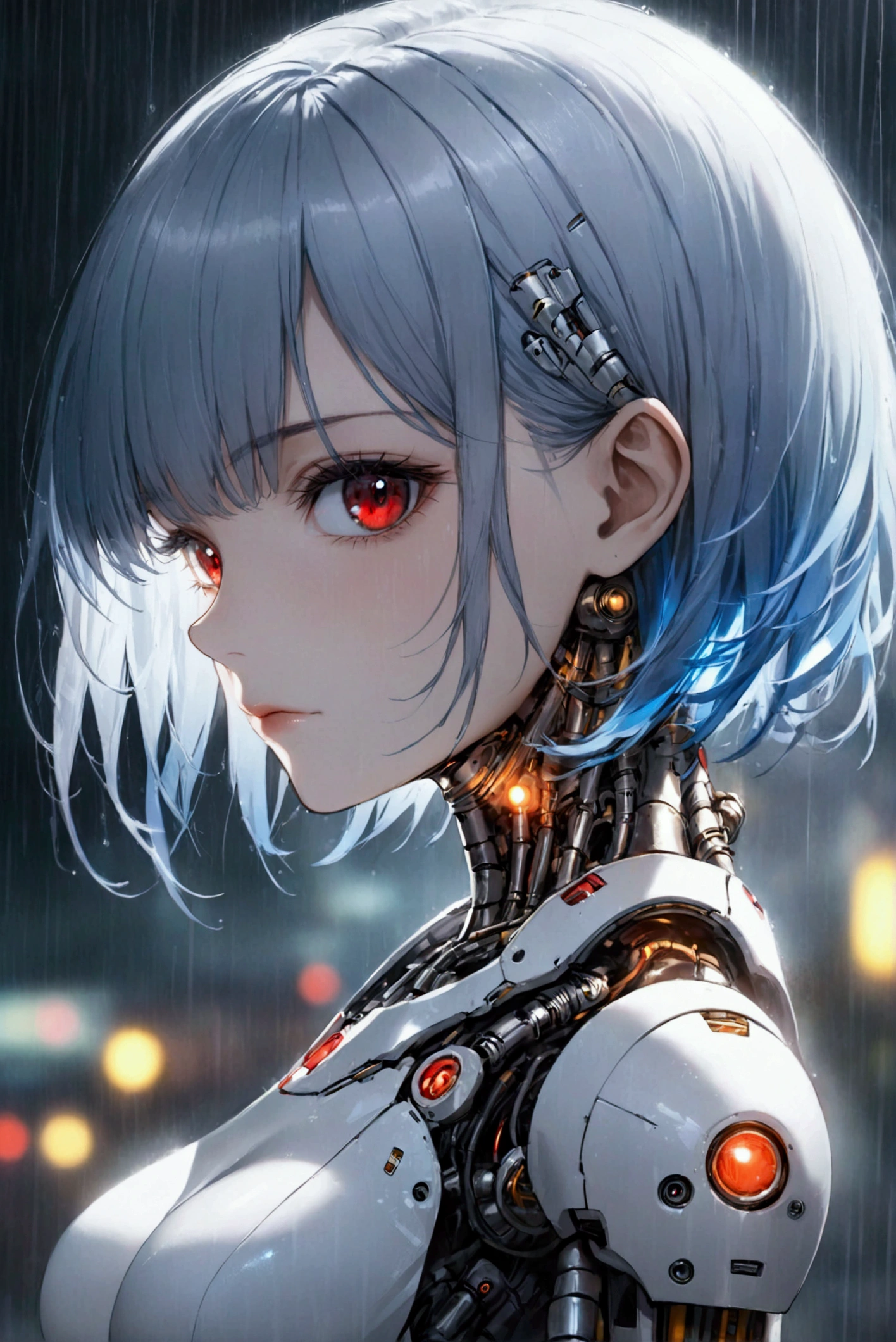 1girl, solo, breasts, looking at viewer, short hair, bangs, red eyes, closed mouth, blue hair, upper body, white hair, blurry, from side, lips, depth of field, blurry background, glowing, letterboxed, science fiction, rain, android, cyborg, robot joints, cyberpunk