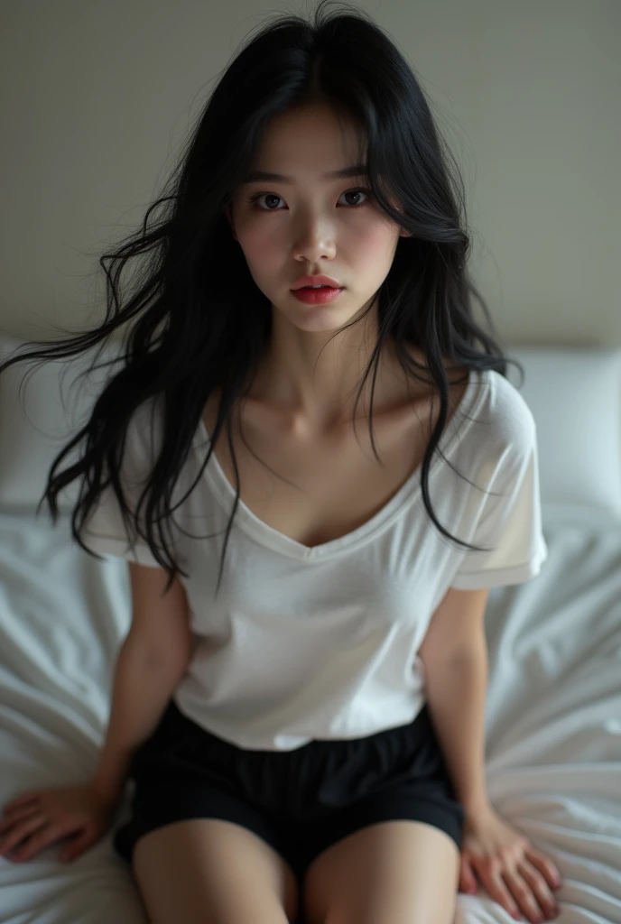 BDSM, (8k, RAW Photo, Best Quality, Masterpiece:1.3),(Real,Photo:1.37),(Black Hair),Pose,1girl,Very Beautiful Face,Cute,(Small),(Put Your Hands Down))),Poggy Hairstyle,Random Expression,(White T-shirt),JK_style,(Track Shorts) ,Black Hair,(Age 19),Modest,Five Fingers,Normal Hands,Small Mouth,Straight Hair