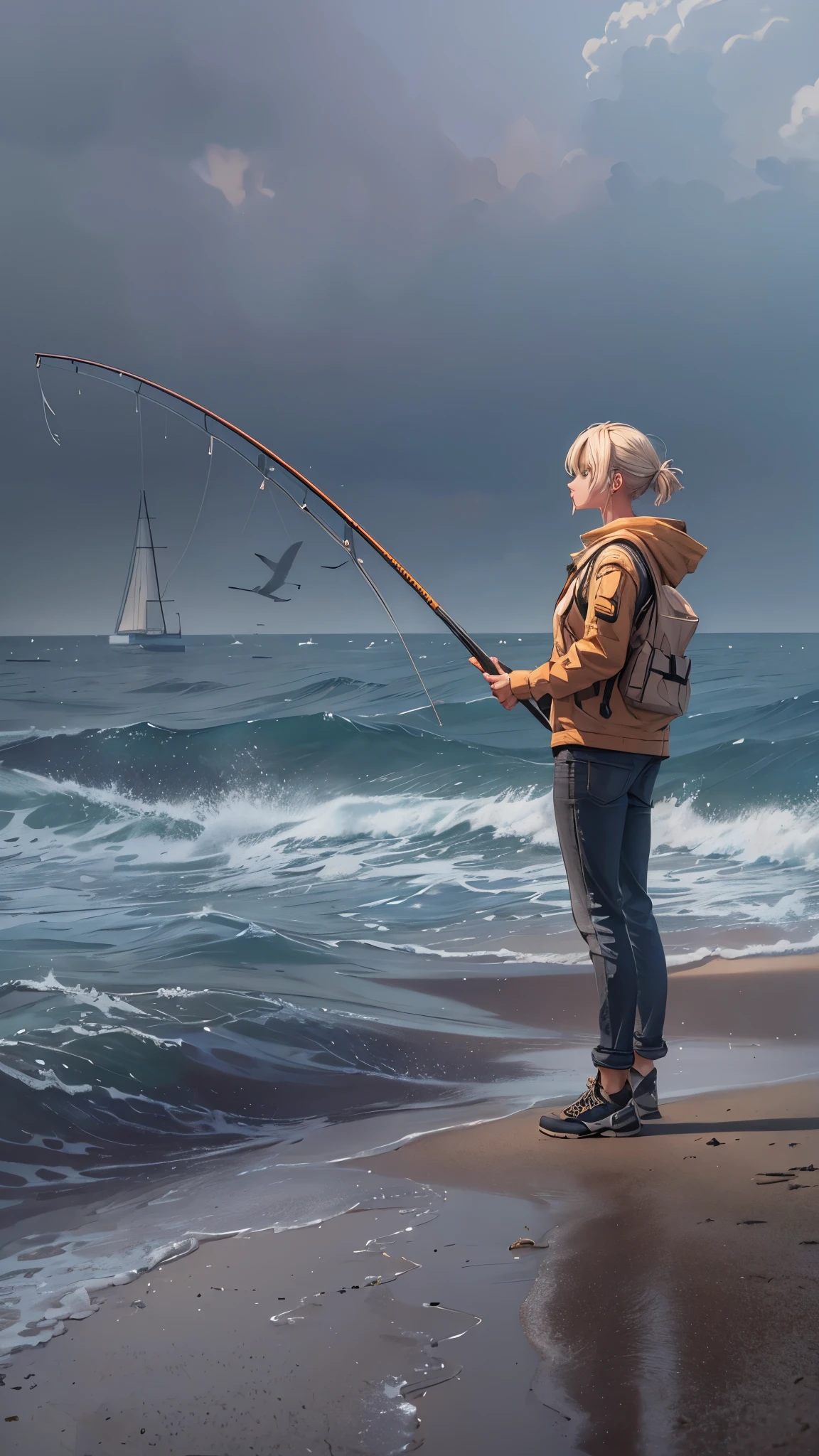 ((Fishing)),A 20 year old girl with short blonde hair standing alone on a small island in the sea, serene ocean waves, overcast sky, peaceful atmosphere, photorealistic, highly detailed, 8K, (best quality,4k,8k,highres,masterpiece:1.2),ultra-detailed,(realistic,photorealistic,photo-realistic:1.37),HDR,UHD,studio lighting,ultra-fine painting,sharp focus,physically-based rendering,extreme detail description,professional,vivid colors,bokeh