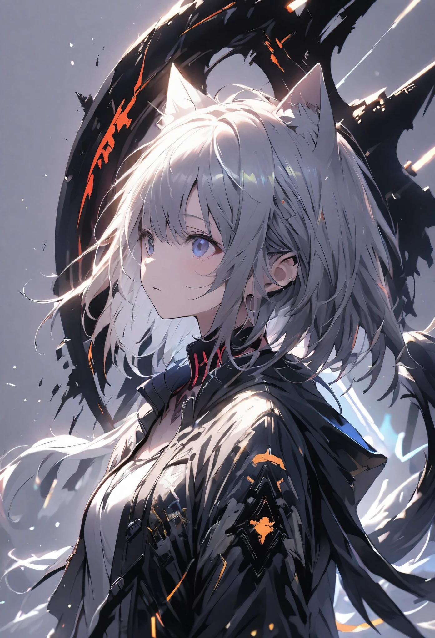 Detailed silhouette of a cyberpunk girl with cat ears and a tail, Bob Cut Hair, Flowing, Tattered coat, He has a giant sickle with a mechanical cat design.., Stand on the glossy, Minimalist Reflective Surface, Soft Gray Background.