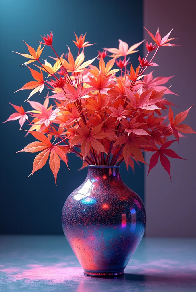Japanese maple flower various in futuristic colorful vase 4k