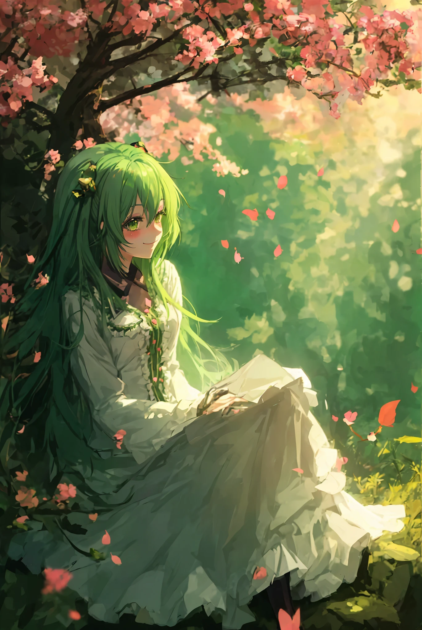 Anime girl with Green hairs, smiling gently, blushes, lovely looking in front of her