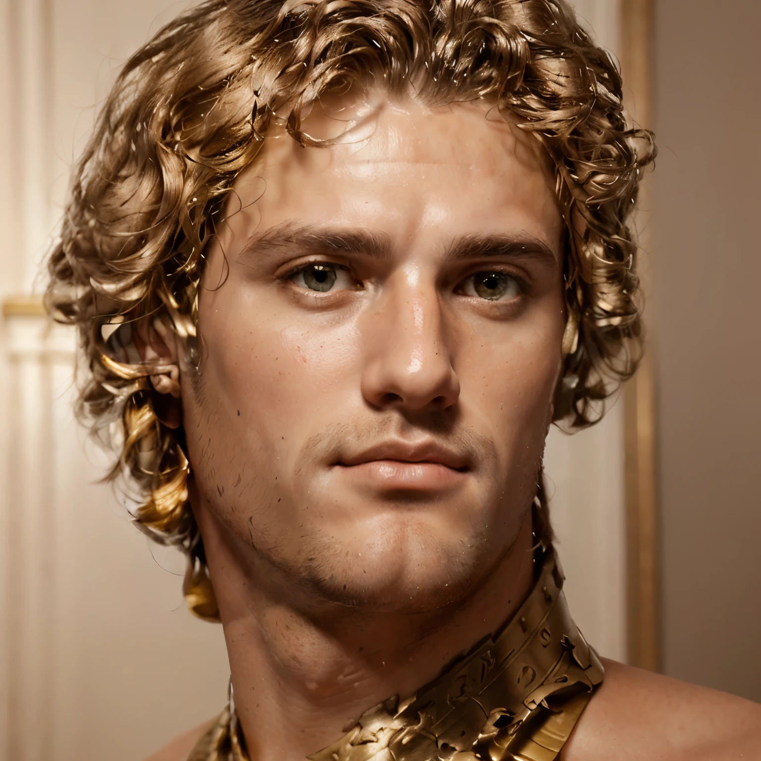 a close up of a  man with curly hair, male face and bust, alexander the great, bust portrait, realistic 8k bernini sculpture, portrait of achilles, roman face, handsome stunning realistic, handsome detailed face, neoclassical portrait, classical portrait, alexander, handsome face, portrait of male humanoid, renaissance digital painting, realistic restored face, greek god