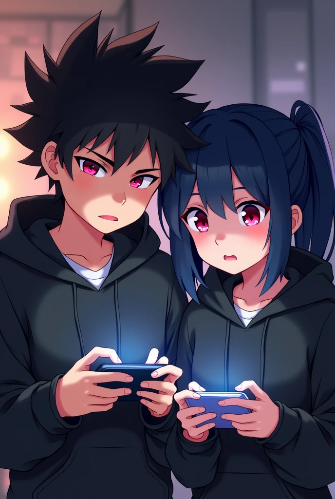 A boy ((( Anime boy , Spiky hair , black hair , black hoodie , blood red eyes , narrowed eye , ))) , A girl ((( Anime girl , dark blue hair , modern day mullet hair style , black hoodie , red eyes , almond eye ))) , playing mobile games