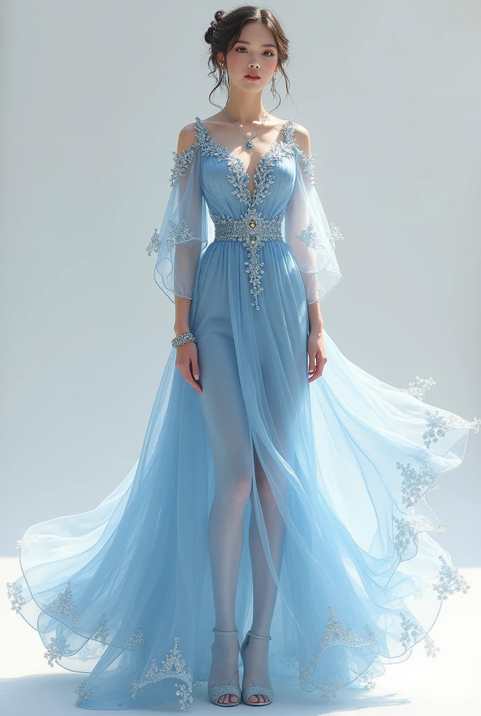 Dress for dancer, blue with white and silver sketch, mannequin