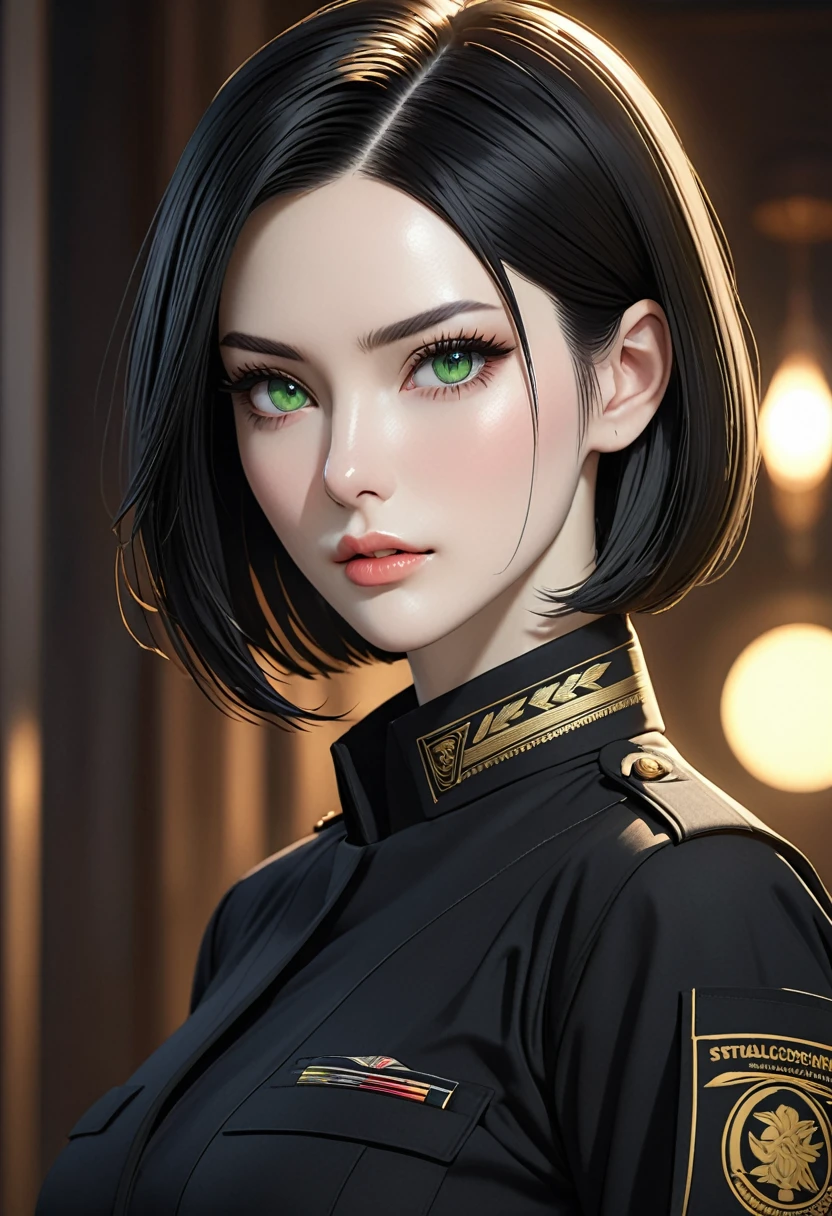 ((best quality)), ((artwork)), ((extremely detailed face)), ((perfect lighting)), ((extremely detailed CG)), ((perfect hands, perfect anatomy)) Appearance= Pale skin, tall, elegant, busty, athletic, toned, striking features, high cheekbones, straight nose, thin lips, firm chin, thin scar over brow; green eyes; straight black hair, bob cut
Personality= Stubborn, direct, obstinate
Occupation= Contractor
Clothing= Black tatical uniform