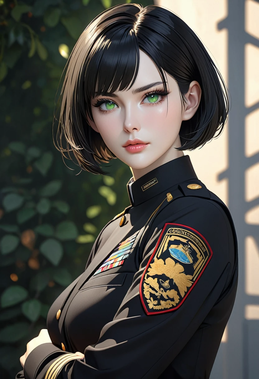 ((best quality)), ((artwork)), ((extremely detailed face)), ((perfect lighting)), ((extremely detailed CG)), ((perfect hands, perfect anatomy)) Appearance= Pale skin, tall, elegant, busty, athletic, toned, striking features, high cheekbones, straight nose, thin lips, firm chin, thin scar over brow; green eyes; straight black hair, bob cut
Personality= Stubborn, direct, obstinate
Occupation= Contractor
Clothing= Black tatical uniform