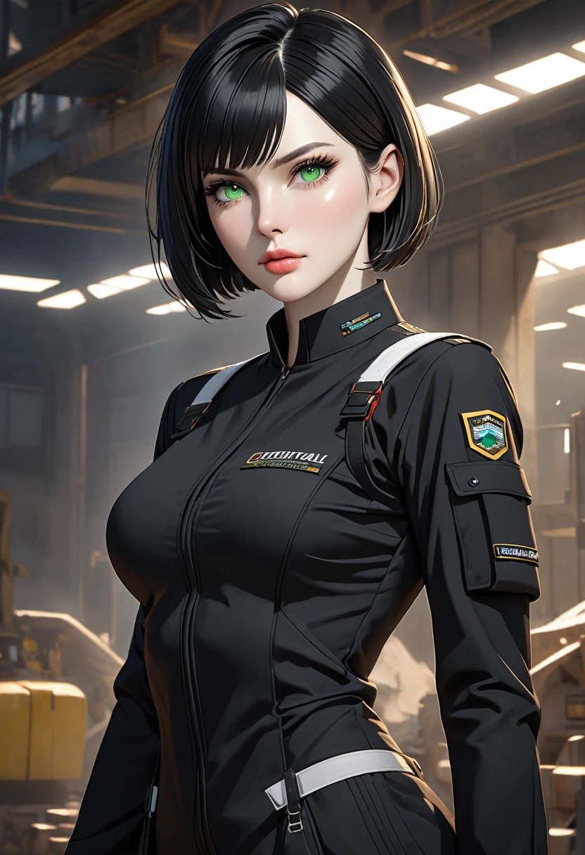 ((best quality)), ((artwork)), ((extremely detailed face)), ((perfect lighting)), ((extremely detailed CG)), ((perfect hands, perfect anatomy)) Appearance= Pale skin, tall, elegant, busty, athletic, toned, striking features, high cheekbones, straight nose, thin lips, firm chin, thin scar over brow; green eyes; straight black hair, bob cut
Personality= Stubborn, direct, obstinate
Occupation= Contractor
Clothing= Black tatical uniform