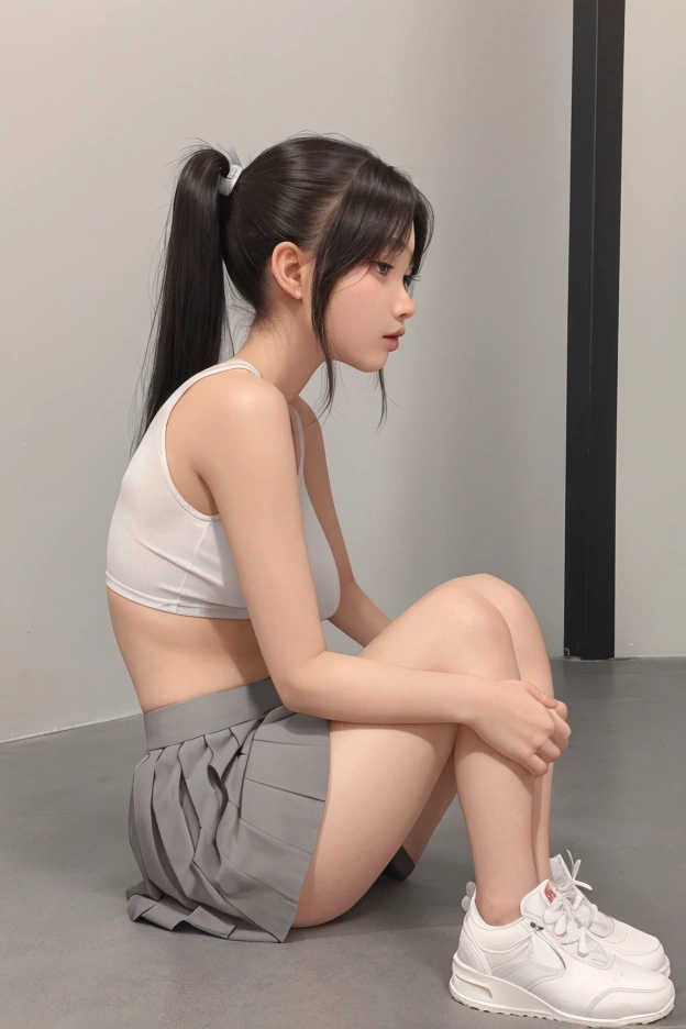 Cute 18-year-old girl, god, Short Girl, A slim body, Small boobs, Small breast, Small booty show, ultra mini skirt, detailed face, beautiful eyes, long eyelashes, cute expression, Minimalist interior, dark-toned interior, photorealistic, 4K, high quality, hairstyle two ponytails, Short skirt, sneakers, sitting on the floor, front view, full body