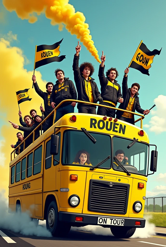 Image cartoons, groupe de supporters homme de style ultras hooligans, dressed in a black and yellow jacket, dans un bus jaune inscrit sur le bus « ROUEN ON TOUR », The supporters are on the roof with yellow and black smoke bombs in their hands and yellow and black "ROUEN" flags in their hands.. Les fenêtres du bus sont cassées, the bus driver gives the finger